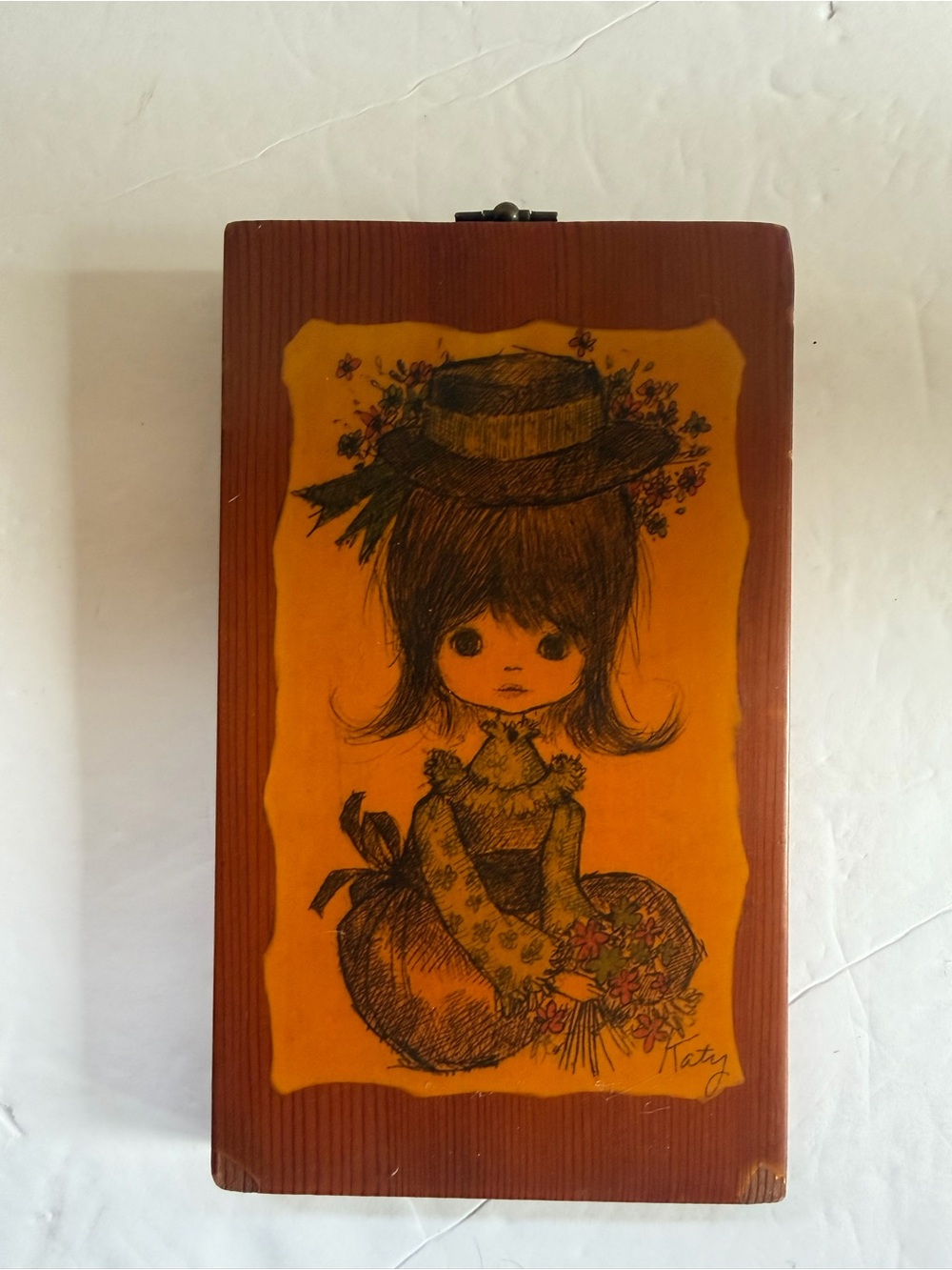 Vintage MCM Big Eyed Girl With Flowers On Wooden Plaque 70s 60 S